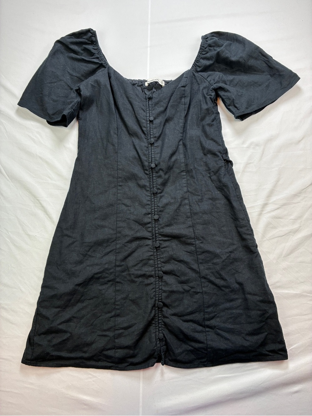Abercrombie & Fitch Black Button-Front Puff Sleeve Sweetheart NecklineMini Dress